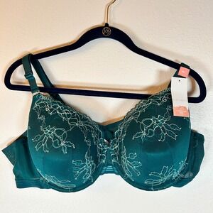 Cacique 46C Deep Teal Lightly Lined Demi Bra Embroidered Lace Adjustable Straps